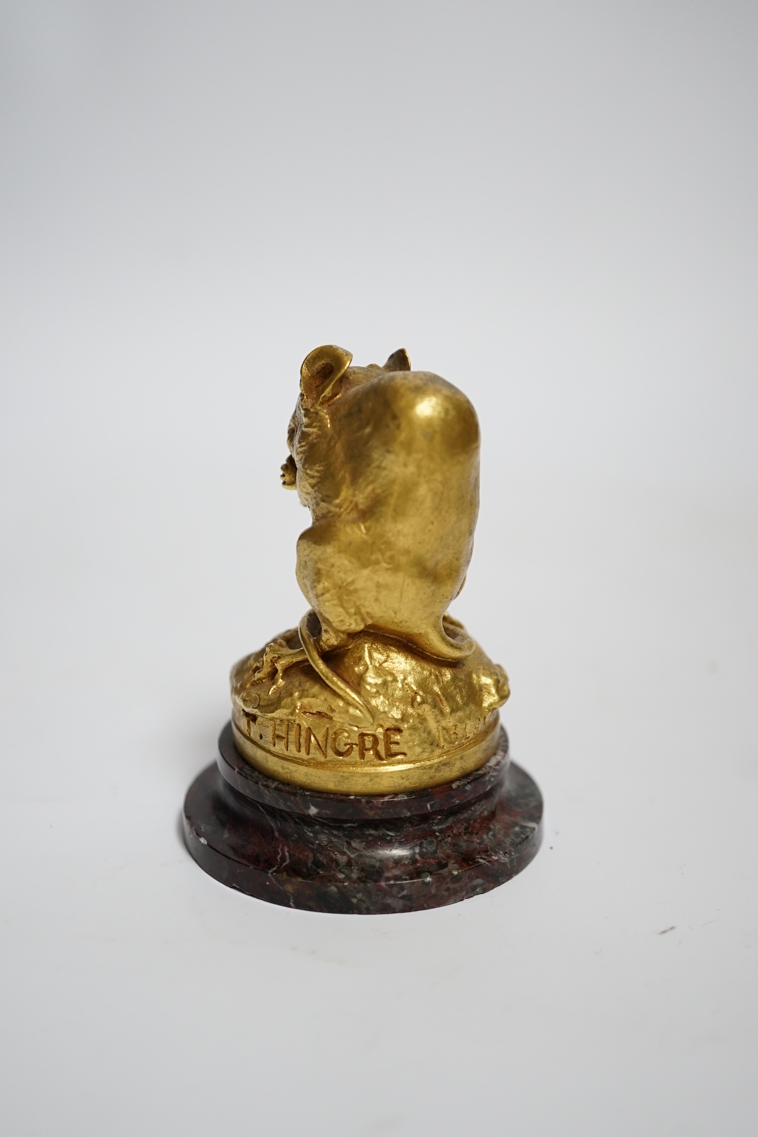 After Theophile Hingre, a small gilt bronze model of a mouse, raised on marble base, 8cm high